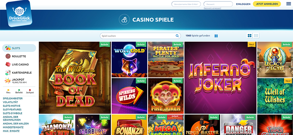 Der Drueckglueck Casino Spieleseite bevor der registrierung