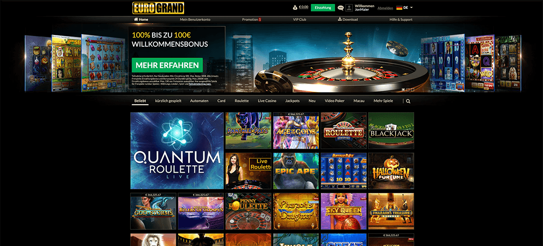 Eurogrand Casino Homepage nach der registrierung