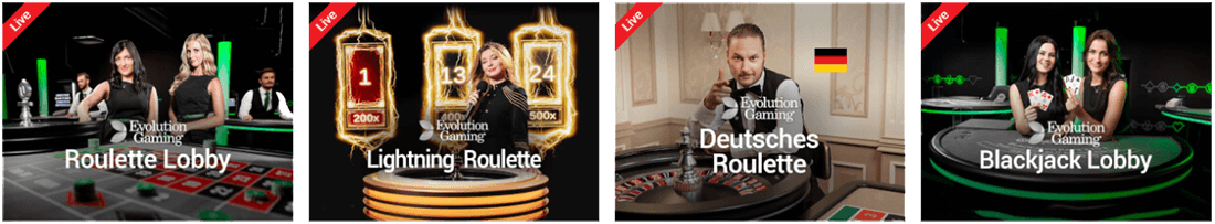 Das Live Casino hat Roulette, Blackjack, Poker, Baccarat & Sic Bo sowie Gameshows im Angebot.